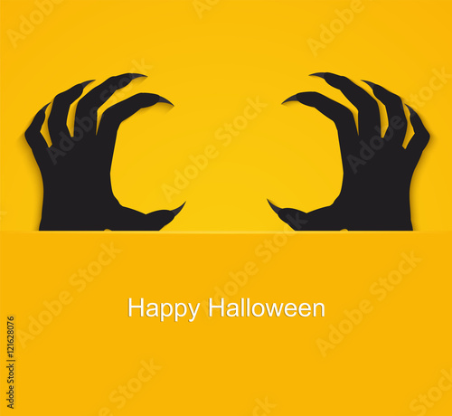 Halloween background, poster with zombie, dead man's arms on yellow background.