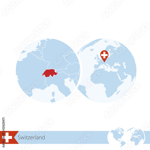 Switzerland on world globe with flag and regional map of Switzerland.