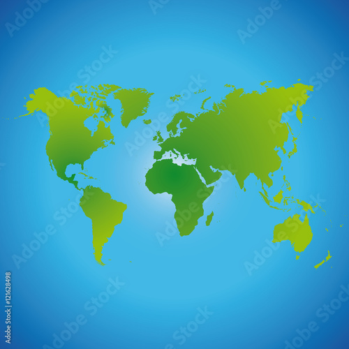Векторная карта мира выполненная зеленым цветом на голубом фоне.