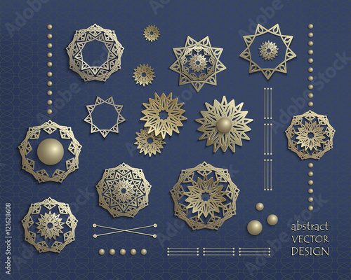 3d golden circular ornaments in oriental style. Set of gold mandalas, icons, emblems, logos, symbols. Vintage elements for design. Big bundle vector elements isolated on dark blue background 