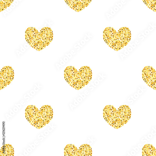 Golden glitter hearts, sparkles seamless pattern background, bla