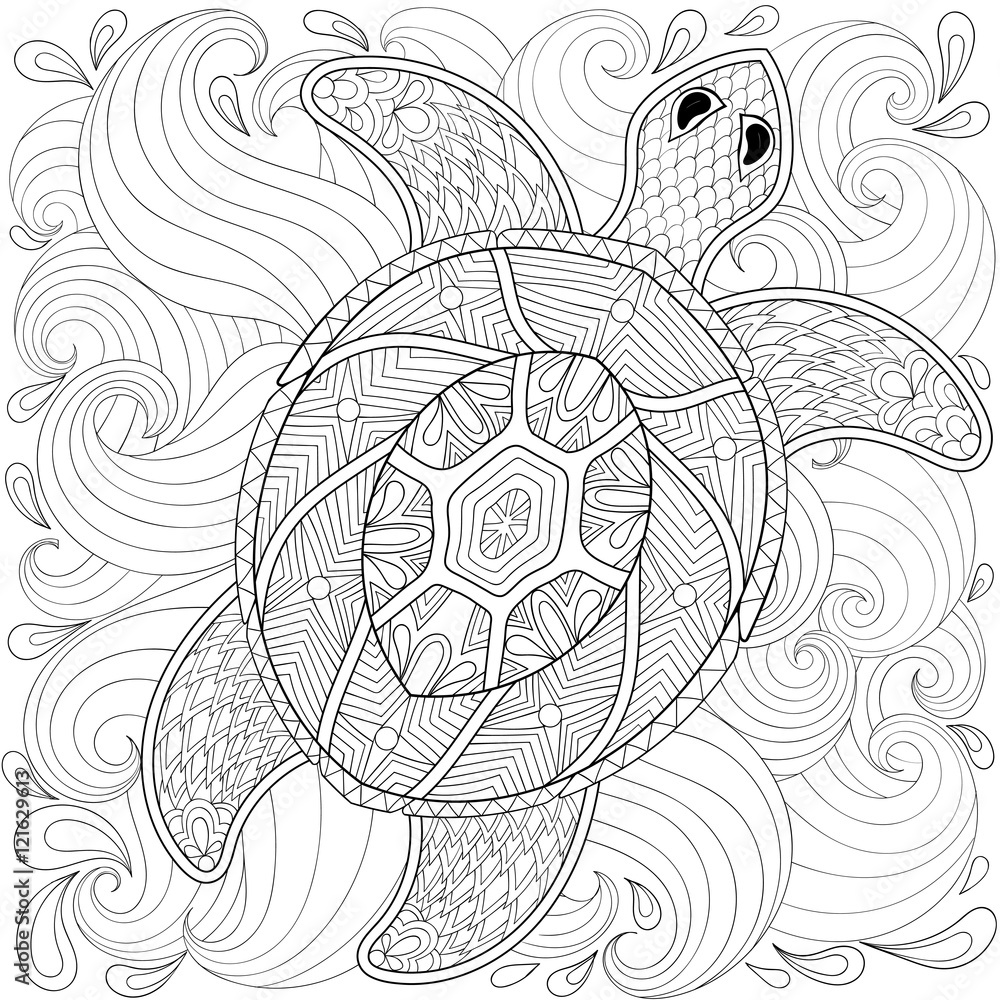 Fototapeta premium Turtle in ocean waves, zentangle style. Freehand sketch for adul