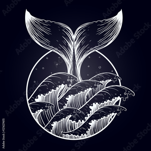 Whale tail in sea waves, boho blackwork tattoo. Ocean line art d