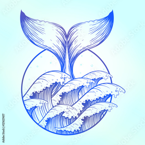 Whale tail in blue sea waves, boho tattoo. Ocean line art drawin