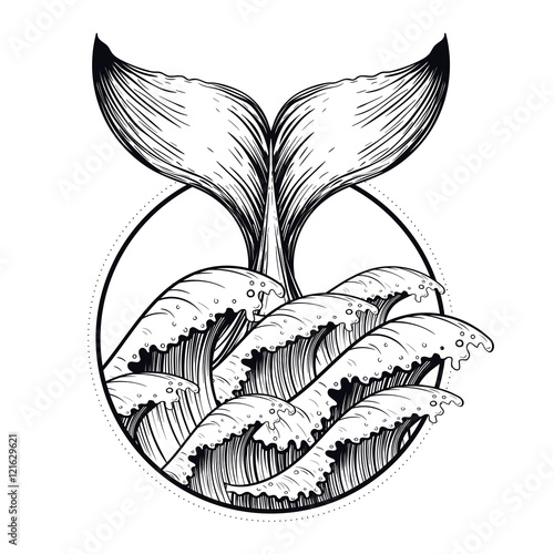 Whale tail in sea waves, boho blackwork tattoo. Ocean line art d
