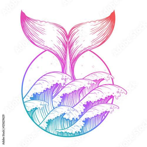Whale tail in sea waves, boho color tattoo. Ocean line art drawi
