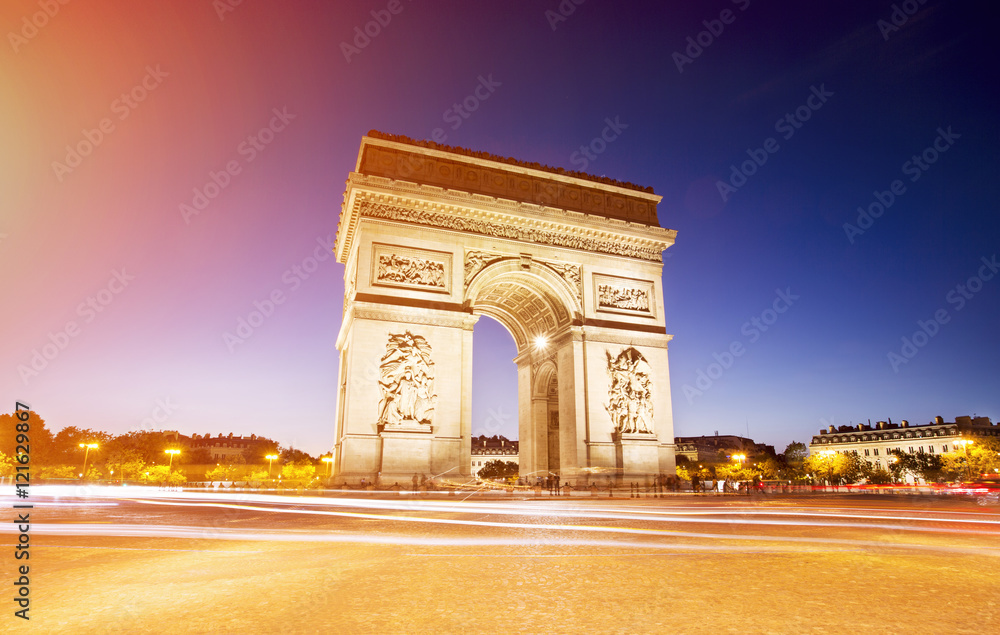 Arc de triomphe in Paris at night, France