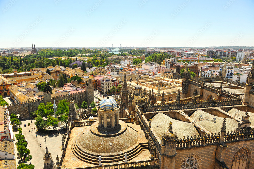 panoramic view of the beautiful city of Seville from the Giralda Tower, Andalucía, Spain