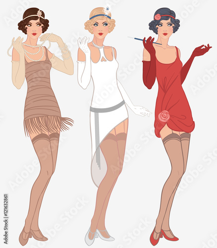 Flapper girls set: three young beautiful women of 1920s