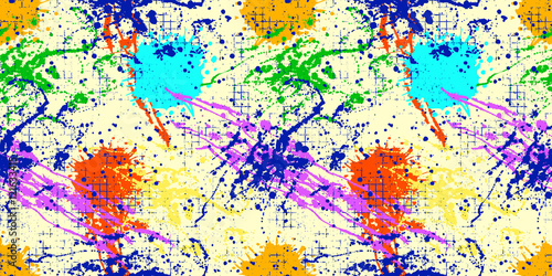 Vector seamless pattern with ink blots and brush strokes. Colorful creative artistic background in rainbow colors. Series of Drawn Creative Seamless Patterns and vector  Blots, Brush, Strokes.