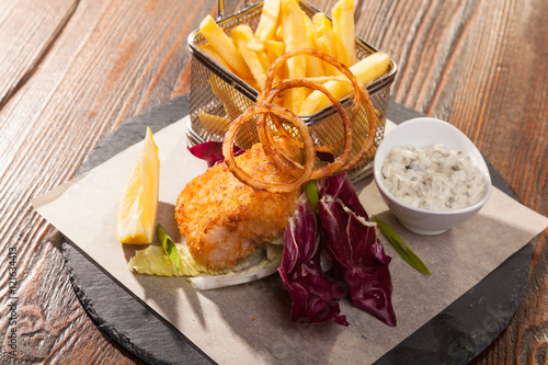 fish with fries and tartar sauce