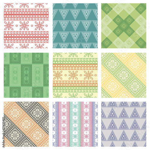Set of seamless vector geometric colorful patterns with ornamental elements,endless background with ethnic motifs. Graphic vector illustration. Series- sets of vector seamless patterns.