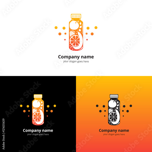 Vector fresh bottle with fruit logo. Drink, cocktails, fresh and smoothie with orange-yellow gradient color icon, symbol, badge and design element. Super foods and health or detox diet food concept.
