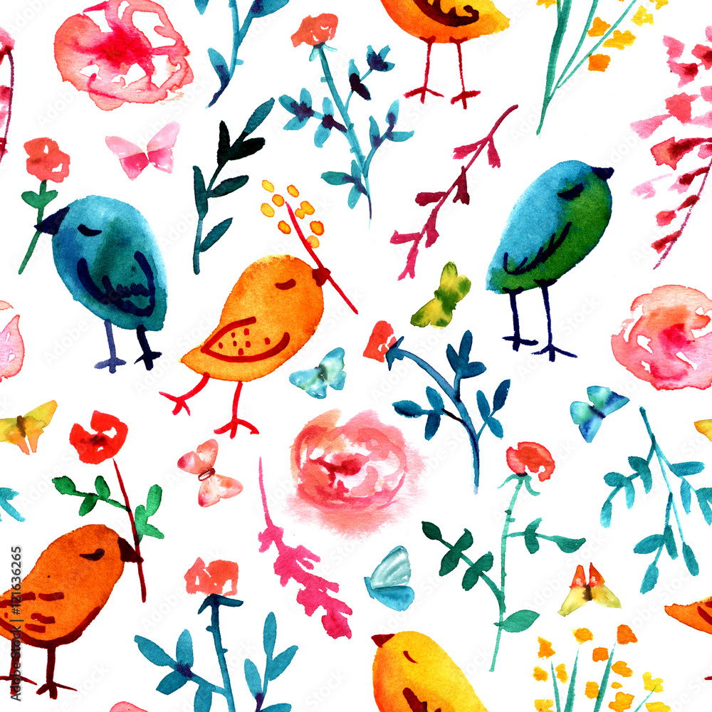 Seamless background pattern with quirky watercolor birds, butter