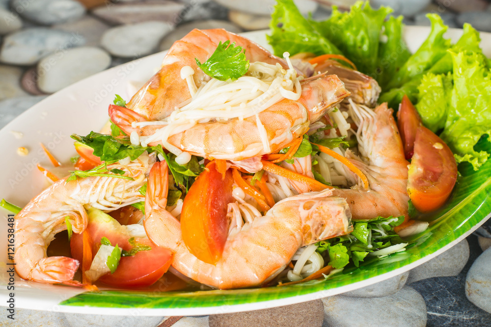 Shrimp salad on a plate in a restaurant Shrimp salad on a plate in a restaurant