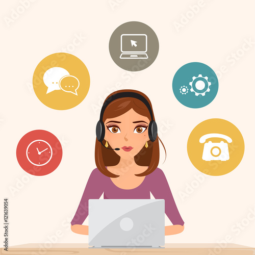 Business woman working character with computer. Vector people.