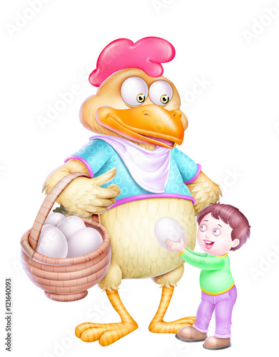 Boy near hen with egg basket