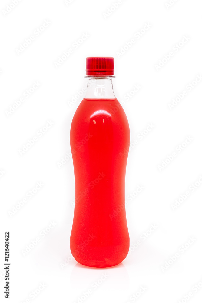 Plastic drinking water bottles, drink red isolated.