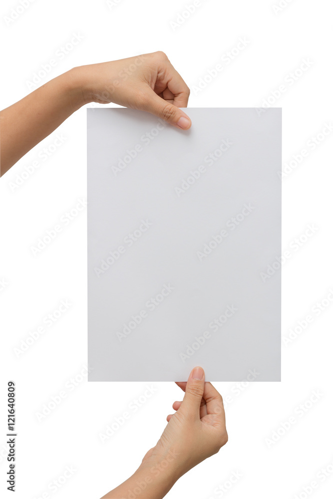 Hand holding paper isolated on white,This picture has cut paths Hand holding paper isolated on white,This picture has cut paths