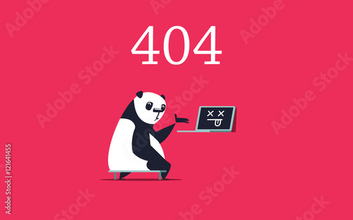 Error 404 page. Sad panda pointing on dead computer. Error page design template.