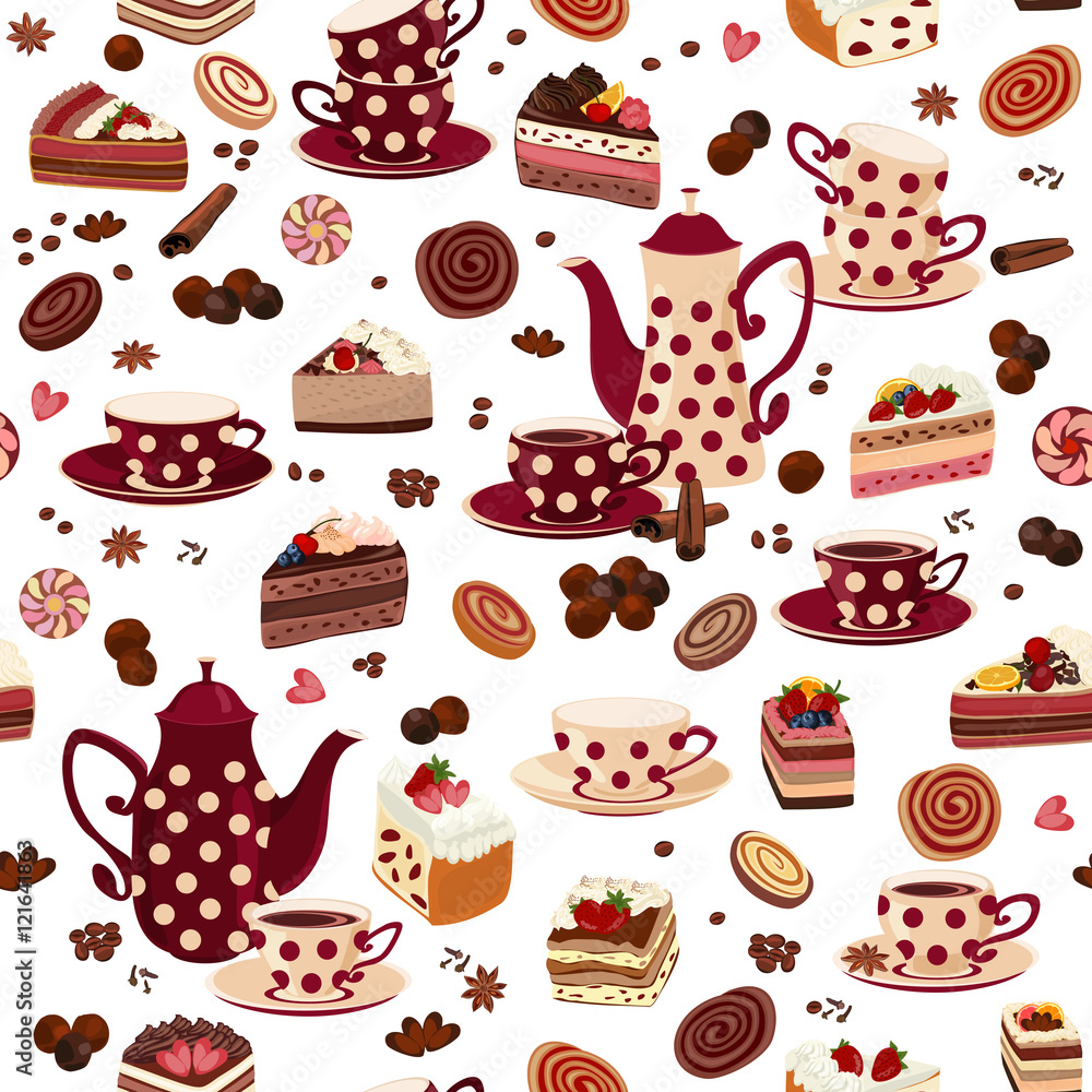 Seamless pattern with coffee pots, cups and sweets. Seamless pattern with coffee pots, cups and sweets.