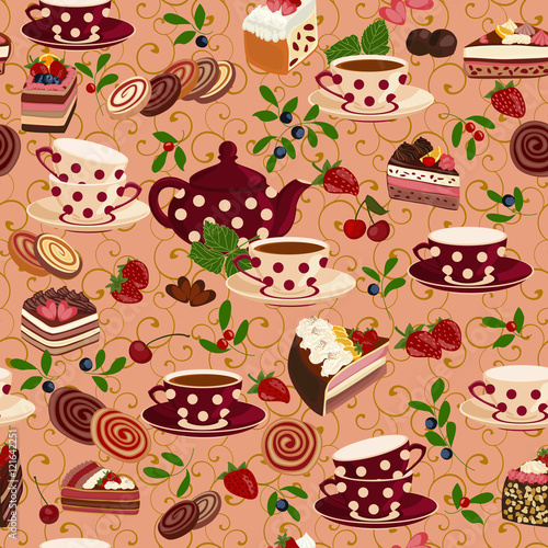 Seamless pattern with teapots, cups, sweets and berries.