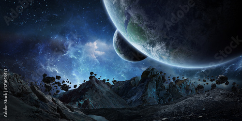 Fototapeta Naklejka Na Ścianę i Meble -  Gigantic asteroids about to crash earth 3D rendering elements of