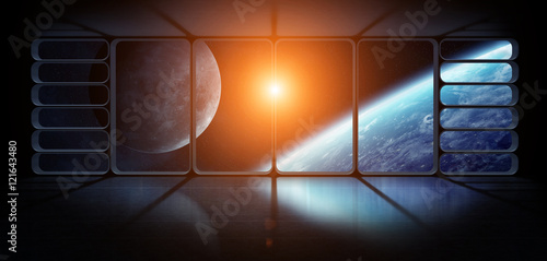 Fototapeta Naklejka Na Ścianę i Meble -  View of the planet earth from a huge spaceship window 3D renderi