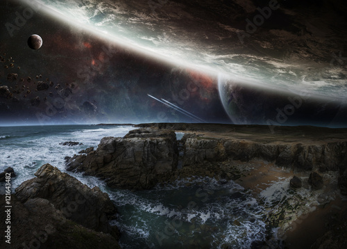 View of distant planet system from cliffs 3D rendering elements