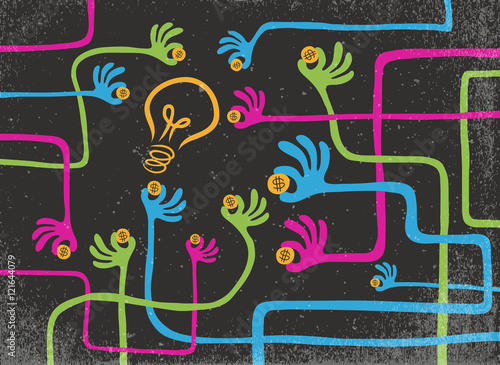 Crowdfunding concept. Many hands giving their fund to support good idea.