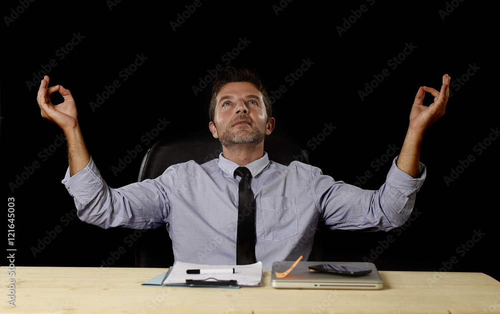 young attractive happy businessman relaxing with hands in yoga position cheerful friendly young attractive happy businessman relaxing with hands in yoga position cheerful friendly