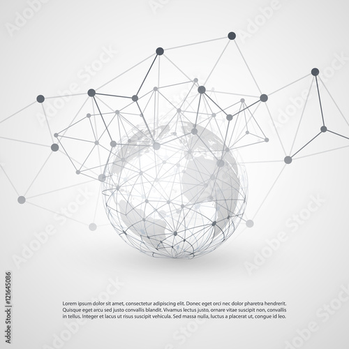 Cloud Computing and Networks with Earth Globe - Abstract Global Digital Network Connections, Technology Concept Background, Creative Design Element Template with Transparent Geometric Grey Wire Mesh