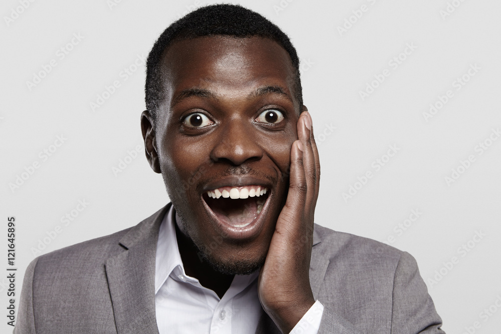 Human face expressions and emotions. Body language. Portrait of dark