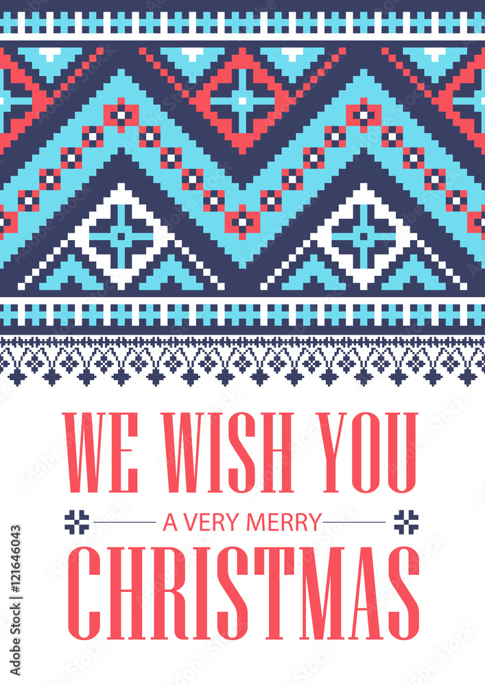 We wish you a very Merry Christmas. Greeting card. National ornament. Vector pattern. We wish you a very Merry Christmas. Greeting card. National ornament. Vector pattern.