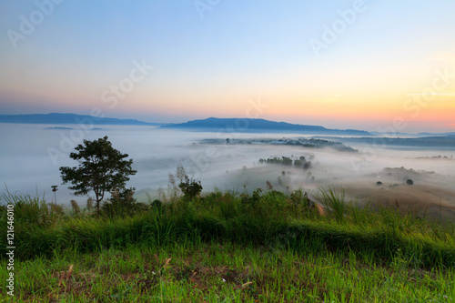 Misty morning sunrise in Khao Takhian Ngo View Point at Khao-kho