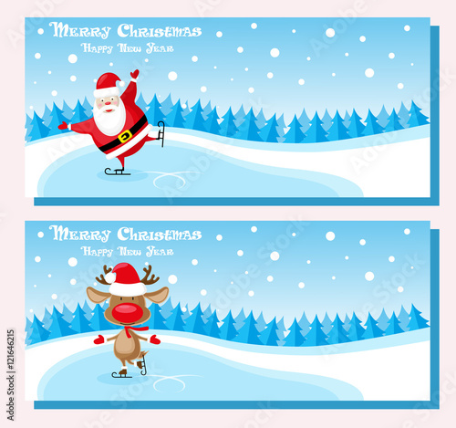Set of banners funny santa claus and deer in skates at the ice rink. Concept poster, ticket or invites. Cartoon style isolated on pink background. Vector illustration