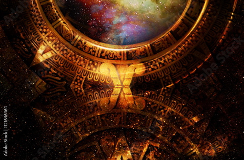 Ancient Mayan Calendar, Cosmic space and stars, abstract color Background, computer collage.
