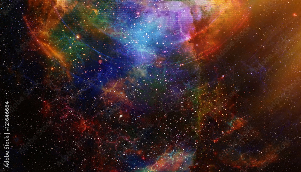 Fototapeta premium Cosmic space and stars with light circle, color cosmic abstract background.