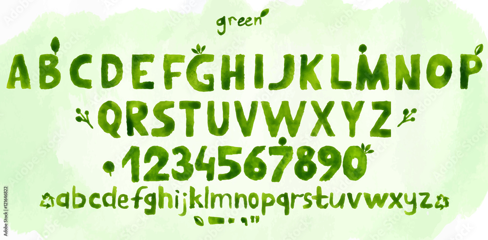 Green watercolor alphabet hand-drawn. Green watercolor alphabet hand-drawn.