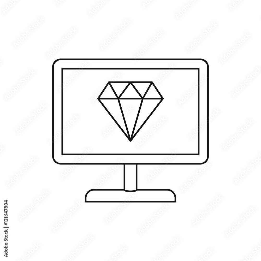 Computer monitor with a diamond icon in outline style on a white background Computer monitor with a diamond icon in outline style on a white background