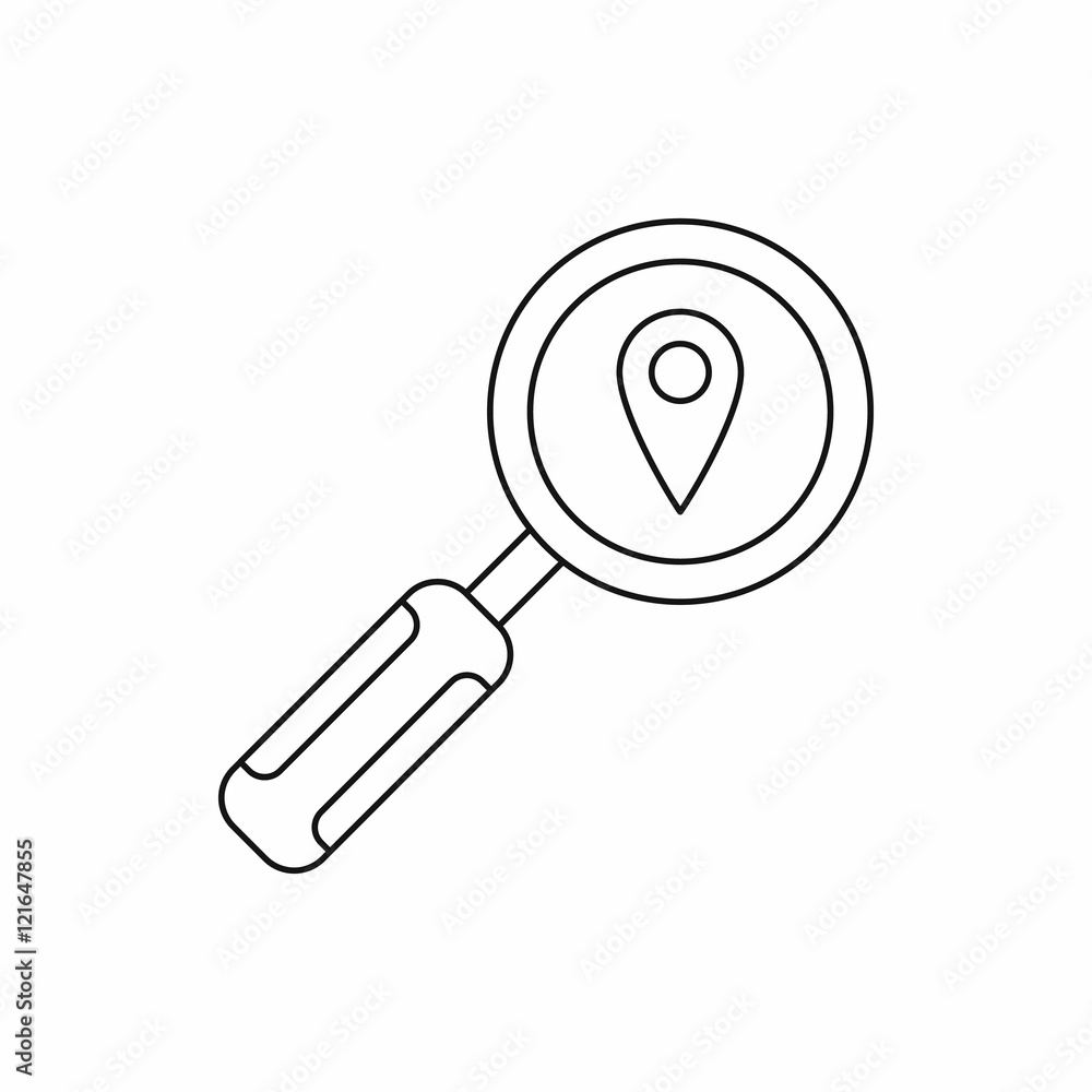 Magnifying glass and pin pointer icon in outline style on a white background Magnifying glass and pin pointer icon in outline style on a white background