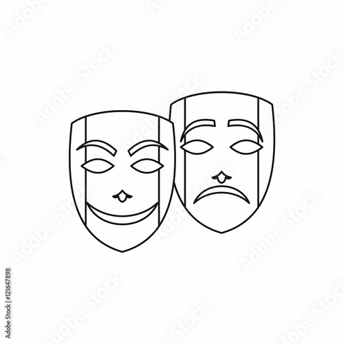 Comedy and tragedy theatrical masks icon in outline style on a white background