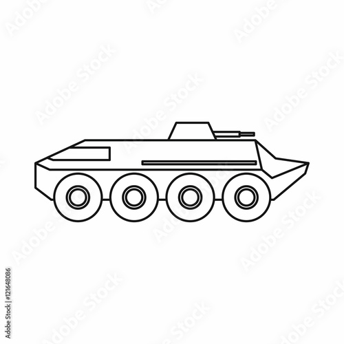 Armoured troop carrier wheeled icon in outline style on a white background