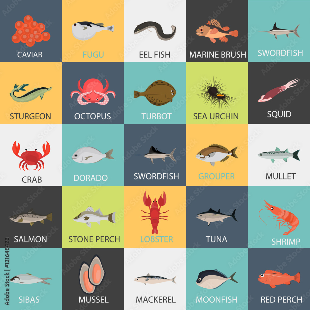 Set of color flat sea food and fish color icons. Flat design Set of color flat sea food and fish color icons. Flat design