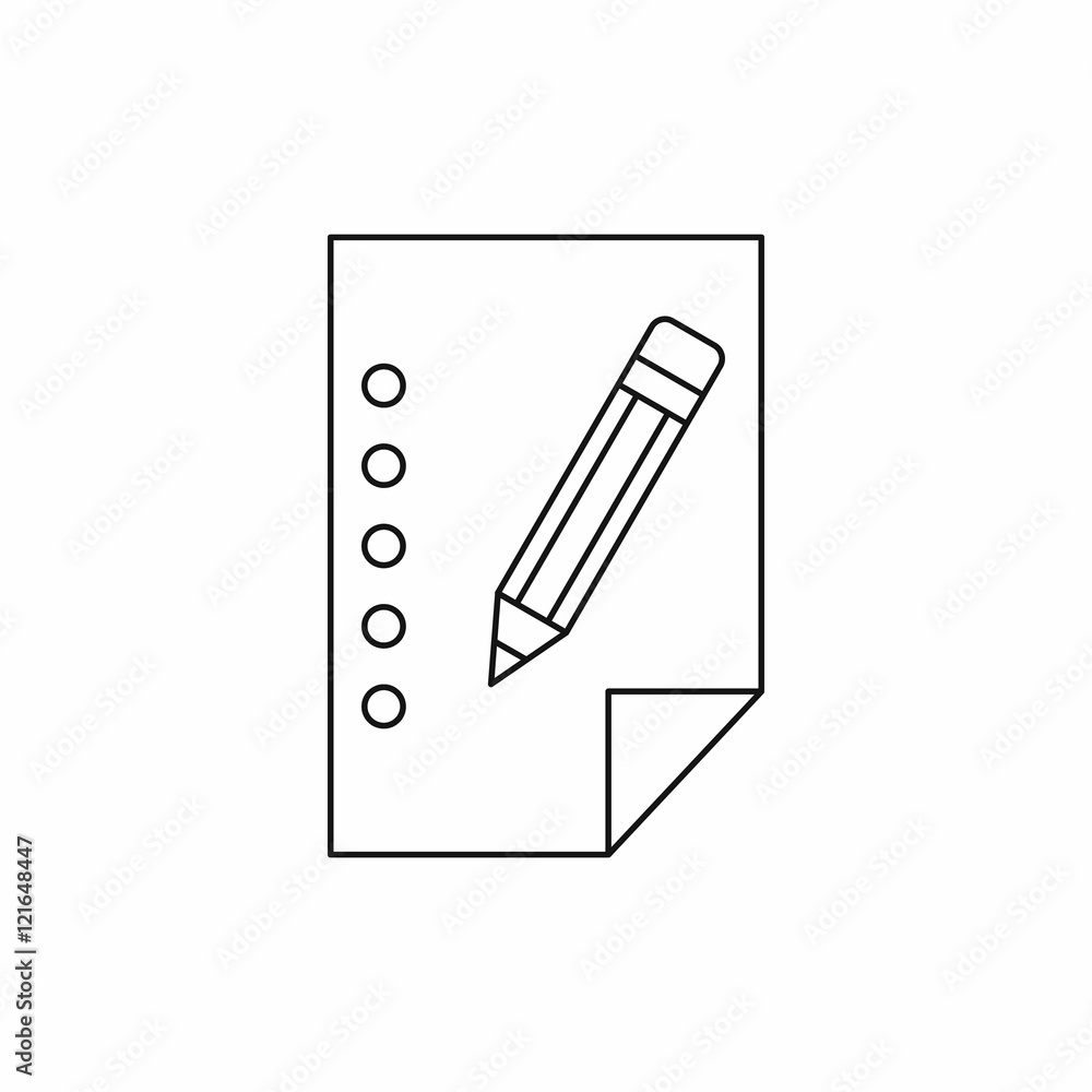 Blank sheet of paper and a pencil icon in outline style on a white ...
