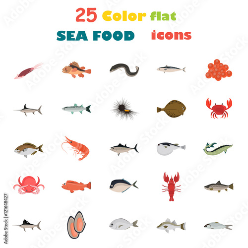 Set of color flat sea food and fish color icons. Flat design