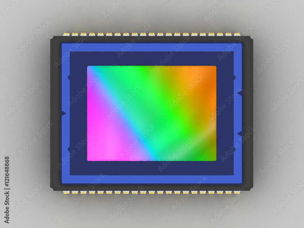 Sensor of modern digital camera. Flat lay, top view, rainbow matrix surface, 3D rendering Sensor of modern digital camera. Flat lay, top view, rainbow matrix surface, 3D rendering