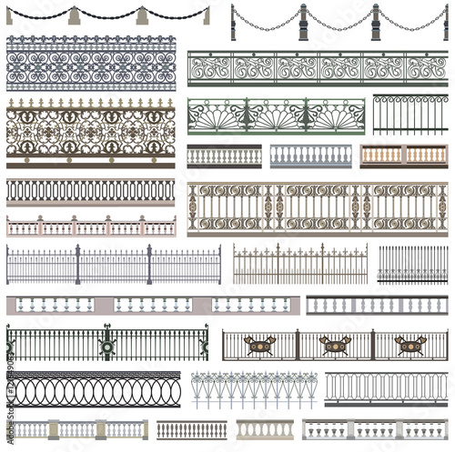 collection of fence patterns and decorative design elements with seamless borders