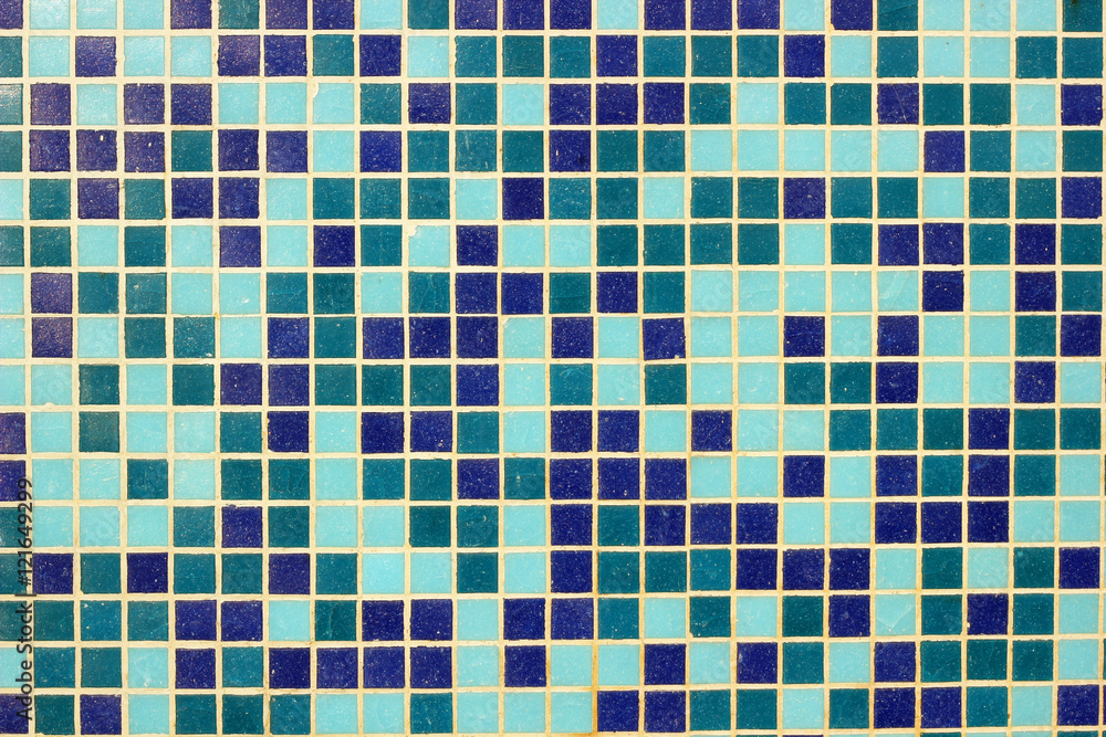 Fototapeta premium Blue ceramic mosaic background. Closeup