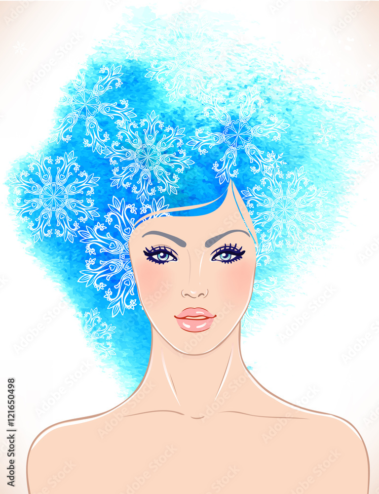 Vector portrait of a young beautiful girl with abstract watercol